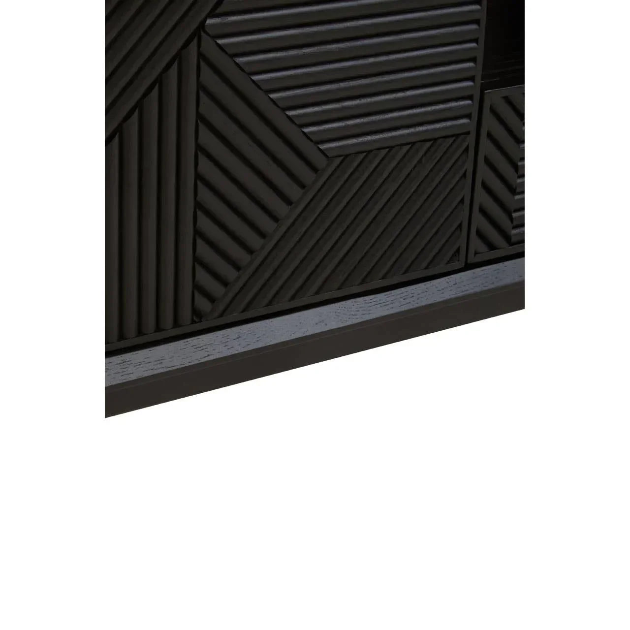 Black wood furniture panel with geometric carved pattern detail