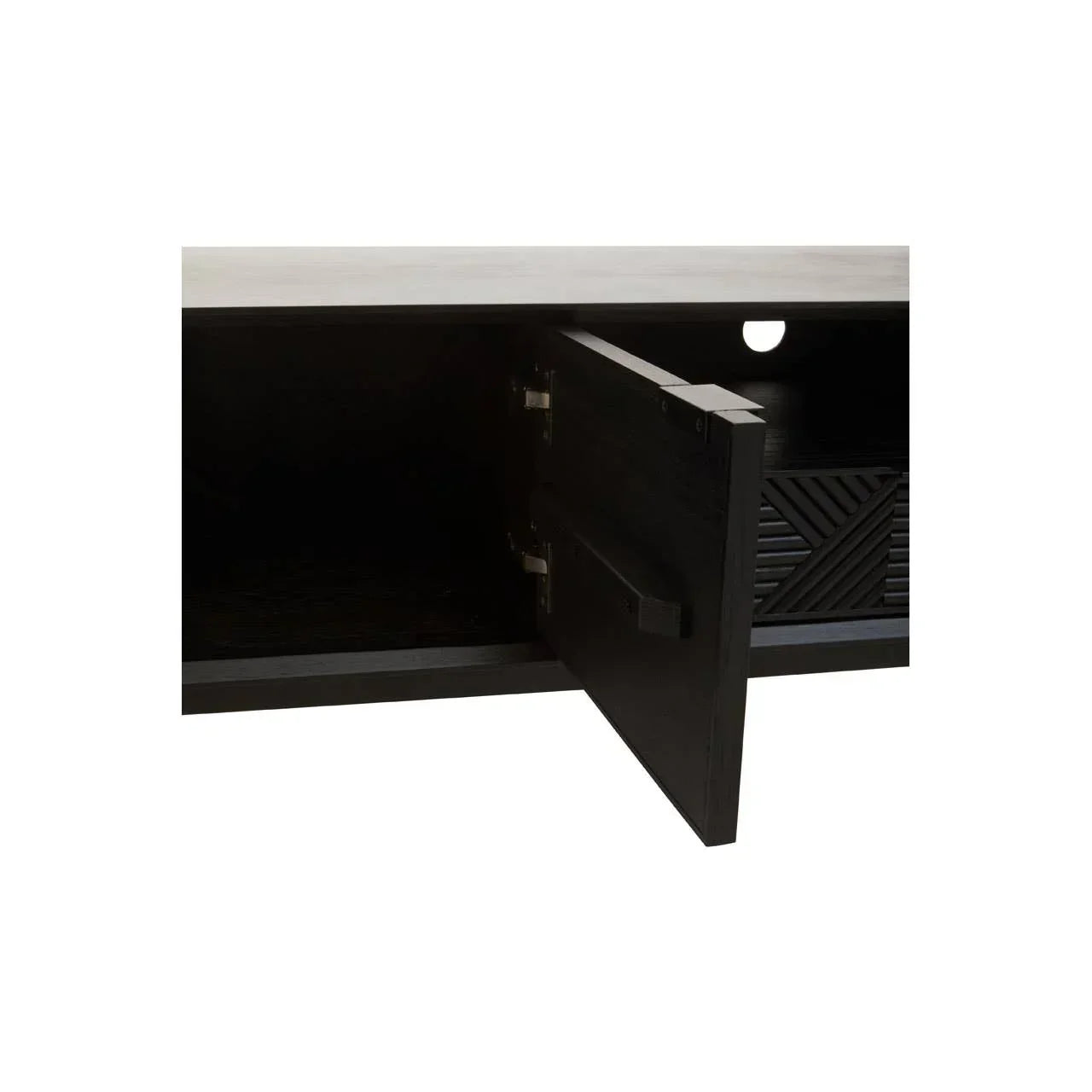 Black wooden TV unit with open cabinet door showing interior storage and cable hole