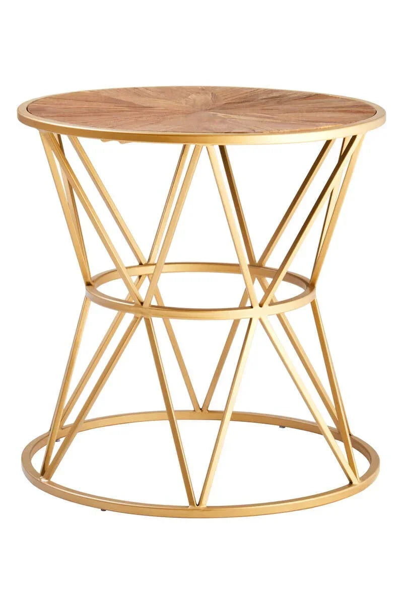 Round coffee table with wooden top and gold metal geometric base