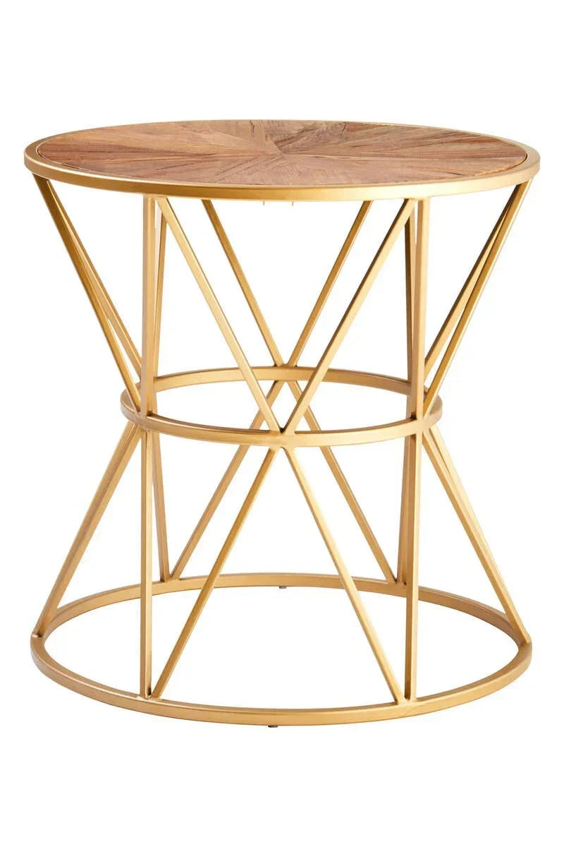 Round side table with gold metal frame and wooden top, geometric base design