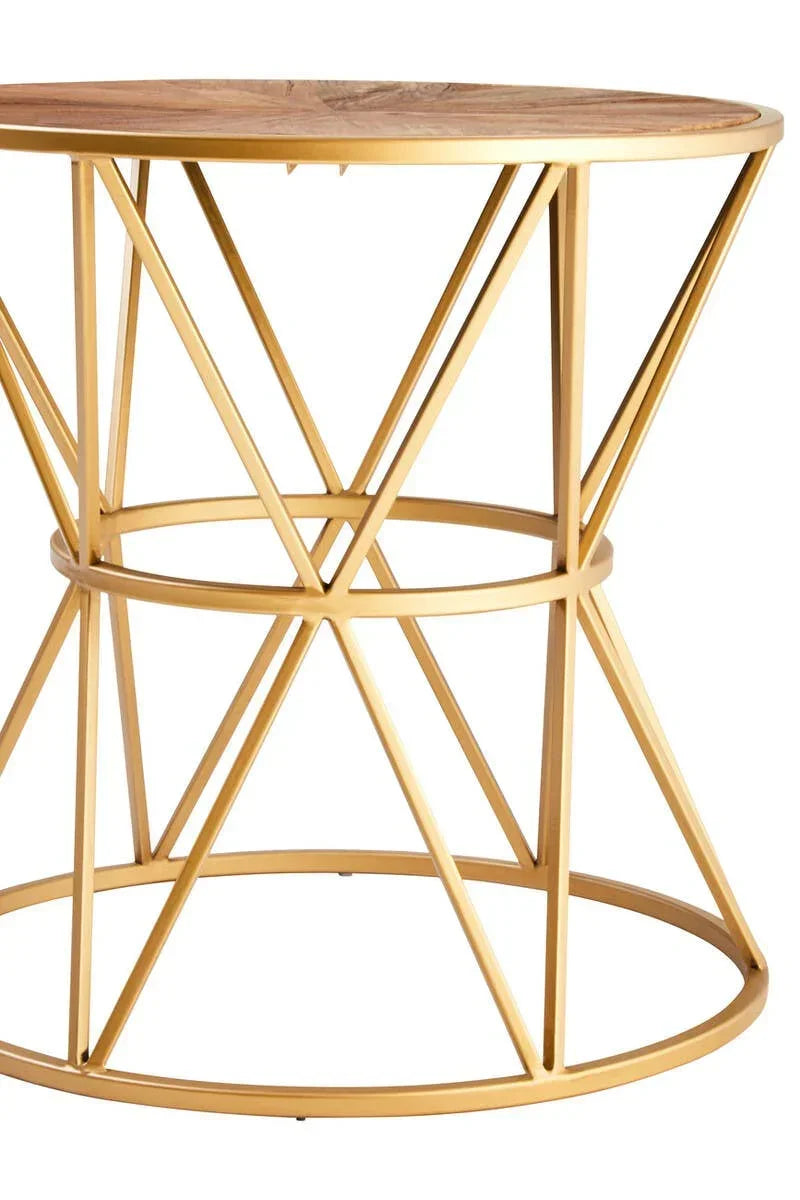 Round side table with gold metal frame and wooden top, modern geometric design