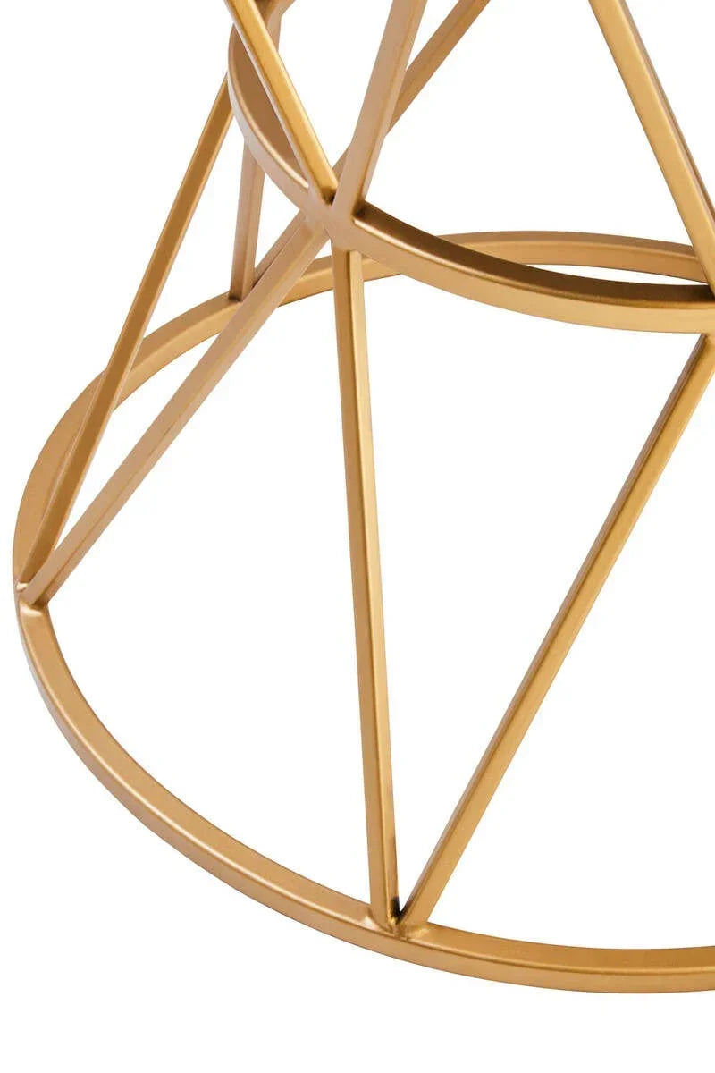 Gold metal geometric table base with intersecting lines and circular support