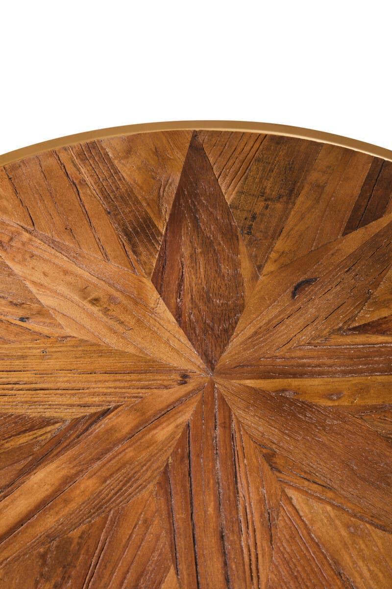Round wooden table top with starburst parquet design and natural wood grain detail