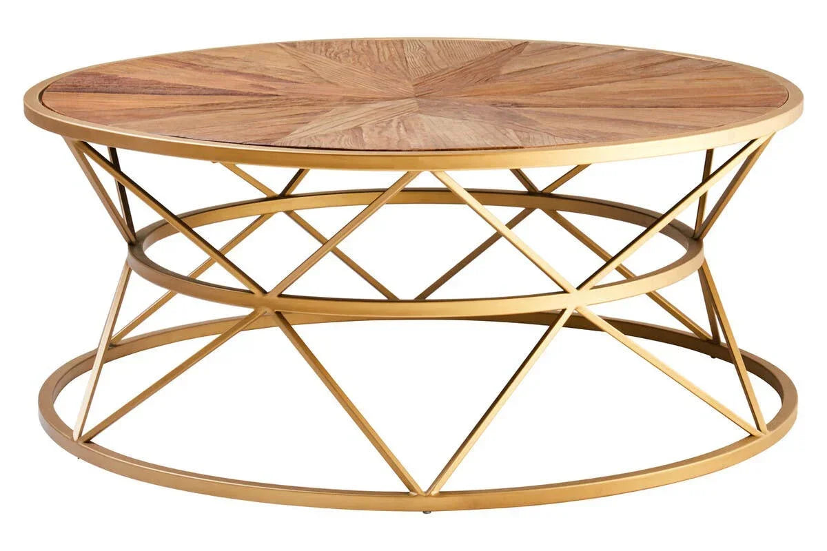 Round coffee table with geometric gold metal base and wood veneer top