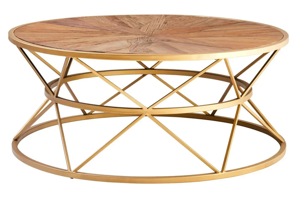 Round coffee table with wooden top and gold geometric metal base
