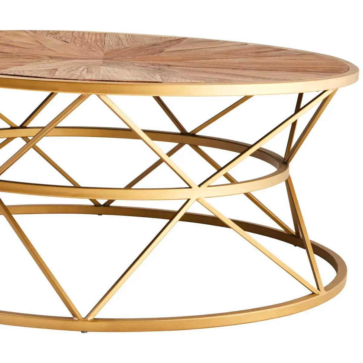 Round coffee table with geometric gold metal base and natural wood top