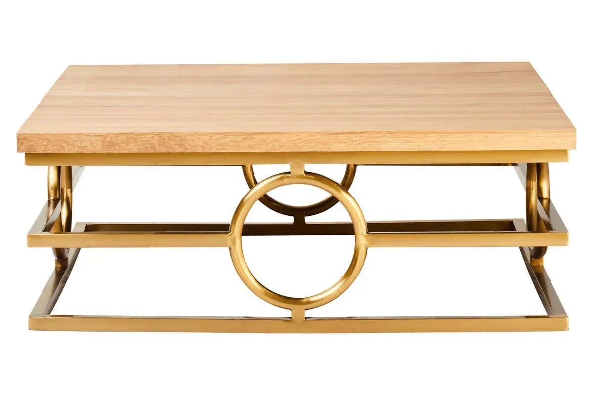Rectangular coffee table with light wood top and gold metal base featuring circular detail