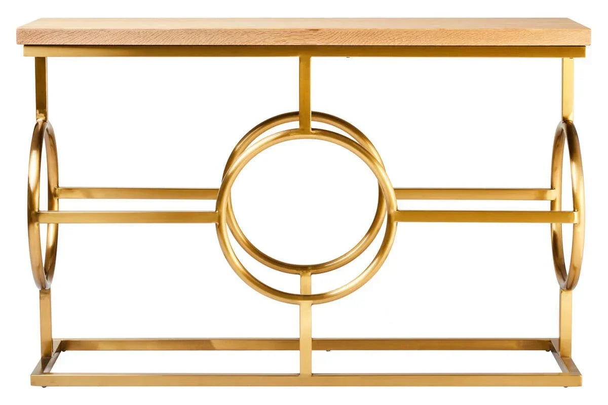 Gold metal console table with geometric circular base and wooden top