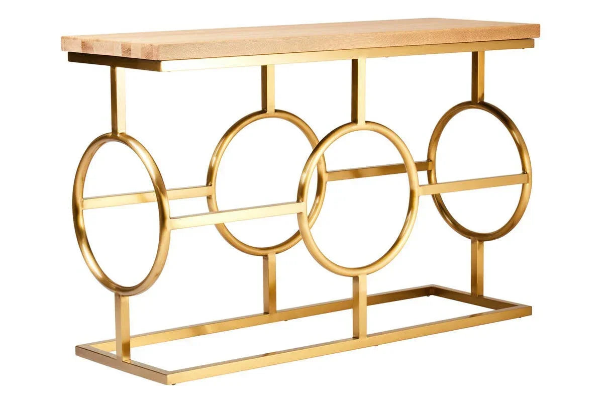 Gold console table with geometric metal frame and natural wood top