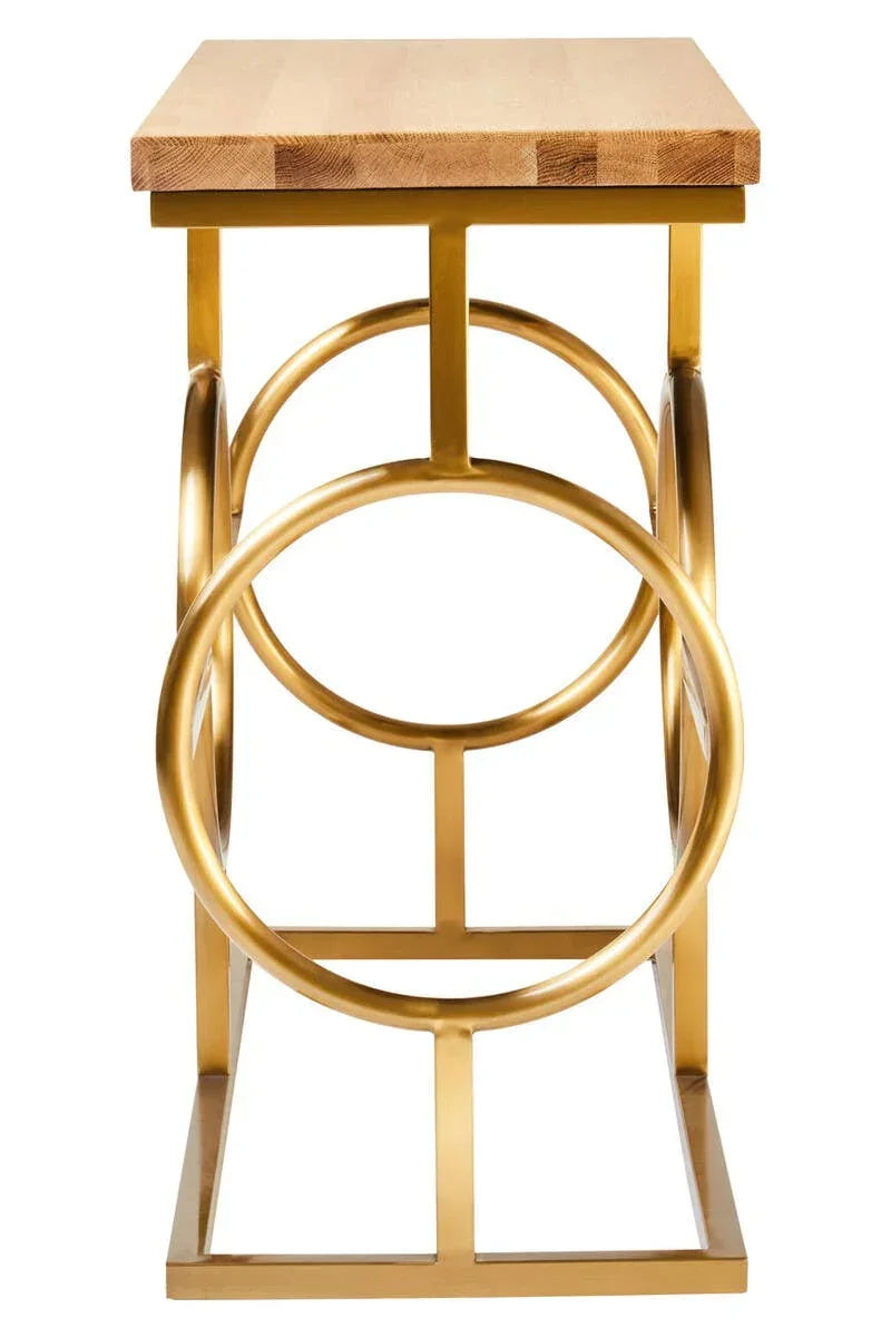Side table with gold metal geometric base and rectangular light wood top