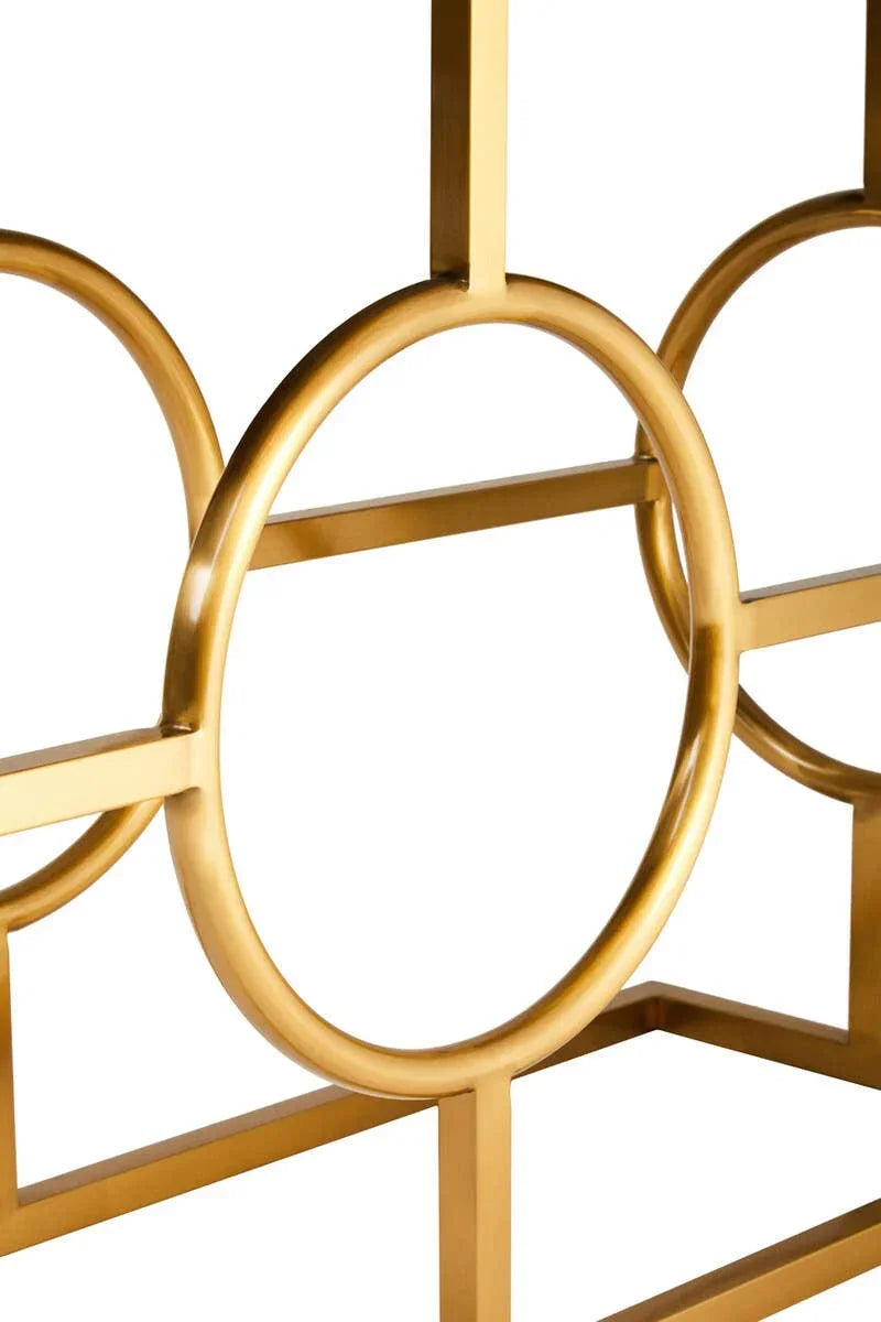Gold metal table frame with geometric circle and square pattern detail
