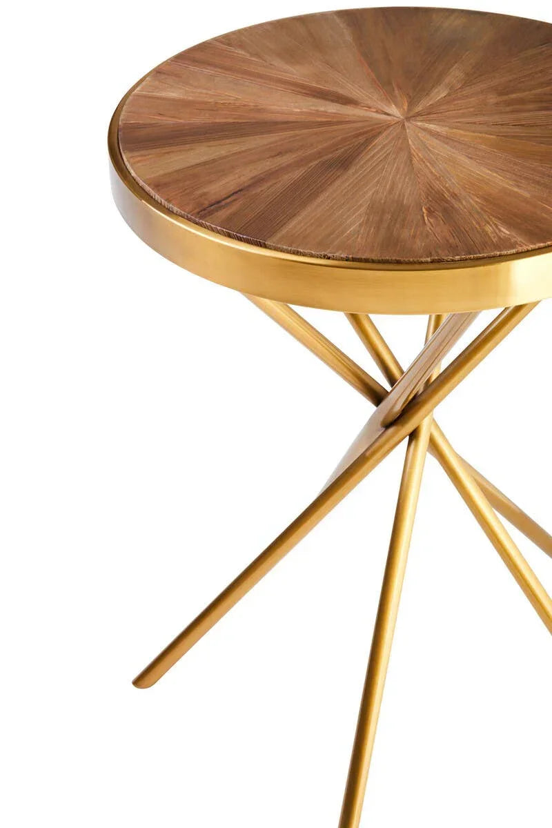 Round side table with wood top and gold metal crossed legs