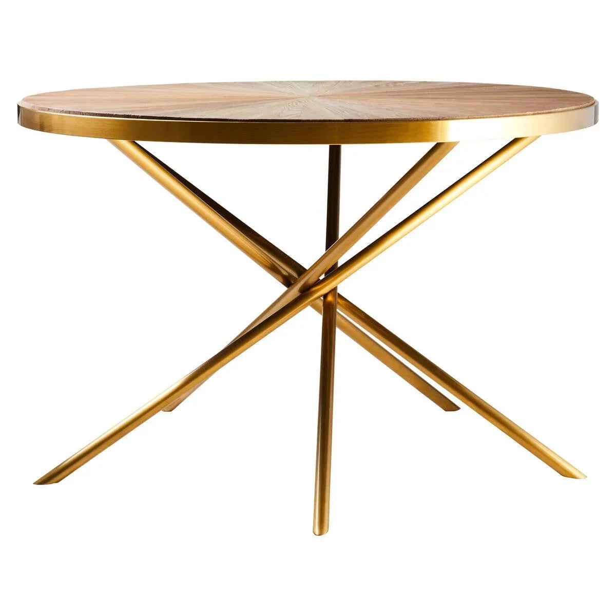 Round dining table with wooden top and gold metal crossed legs, modern design