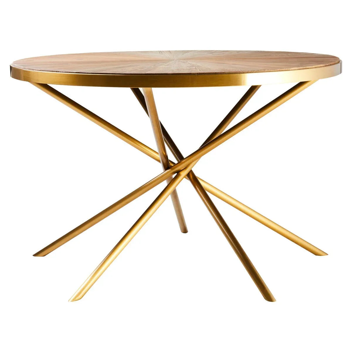 Round dining table with wooden top and gold metal crossed legs
