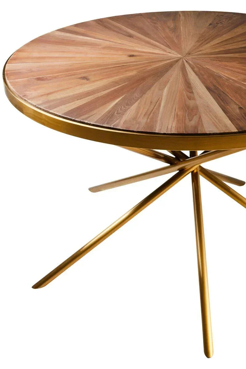 Round wooden dining table with starburst pattern and gold metal legs