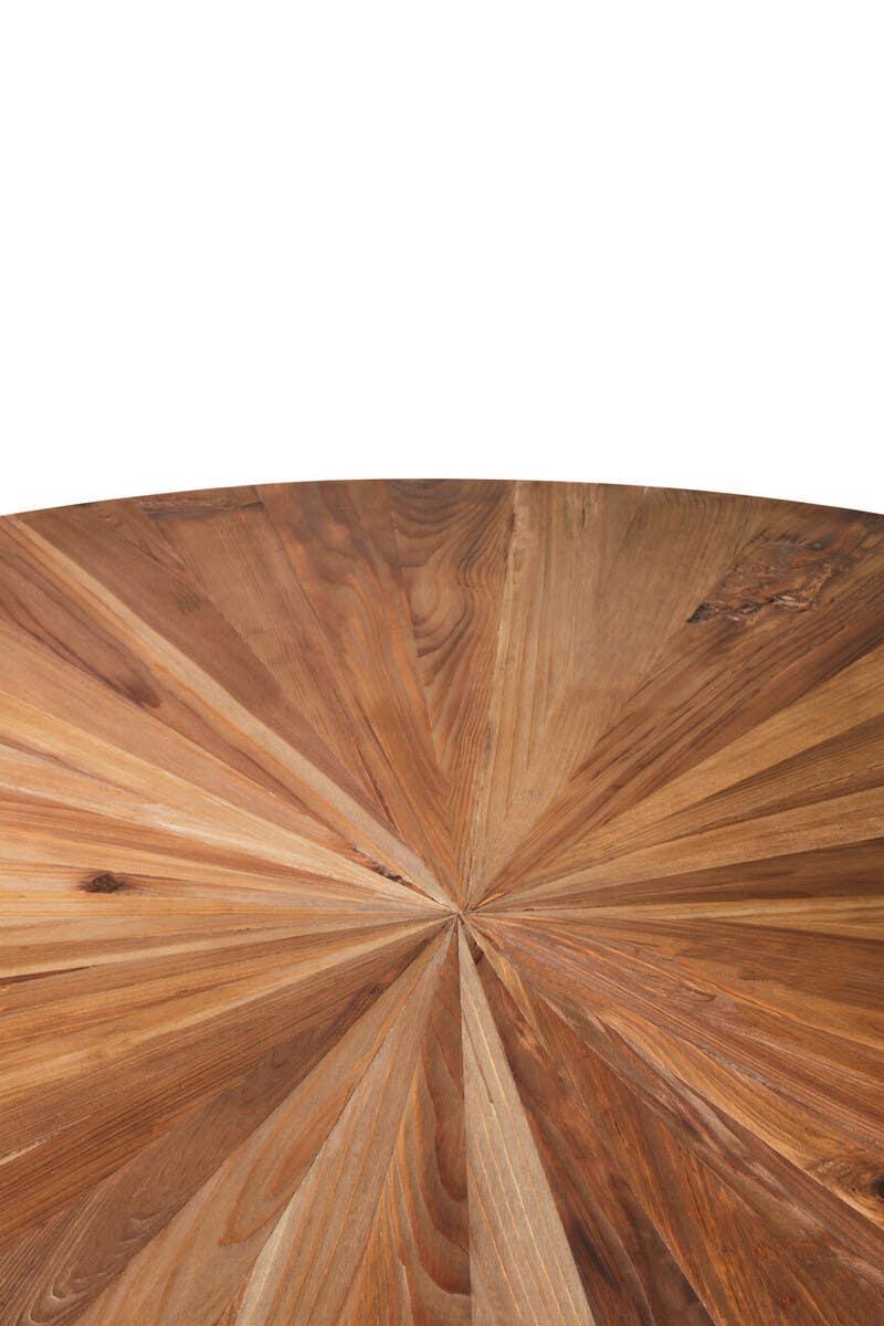 Round wooden dining table top with sunburst veneer pattern in natural wood finish