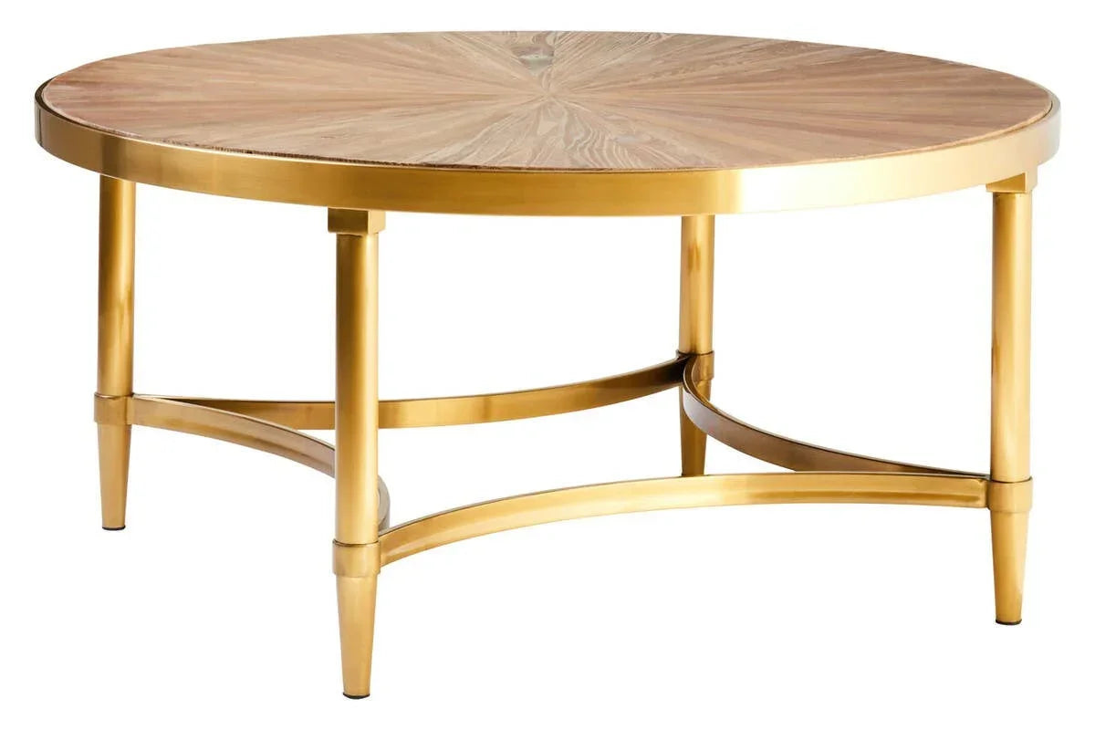 Round coffee table with light wood top and gold metal frame