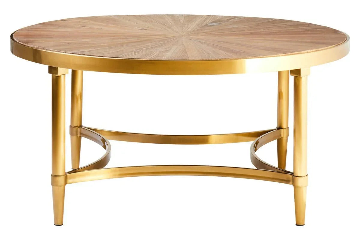 Round coffee table with wooden top and gold metal legs, front view