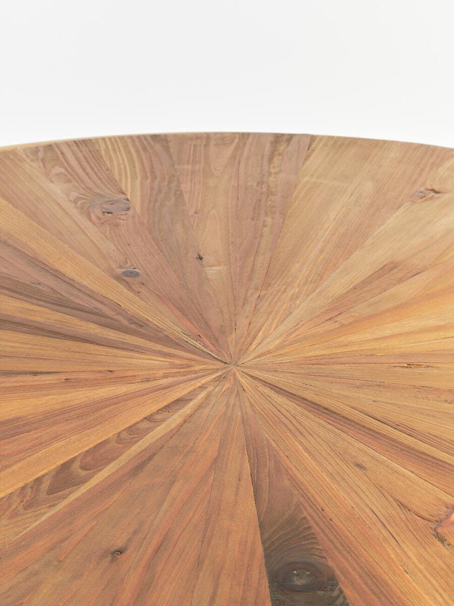 Round wooden dining table top with sunburst pattern and natural wood grain