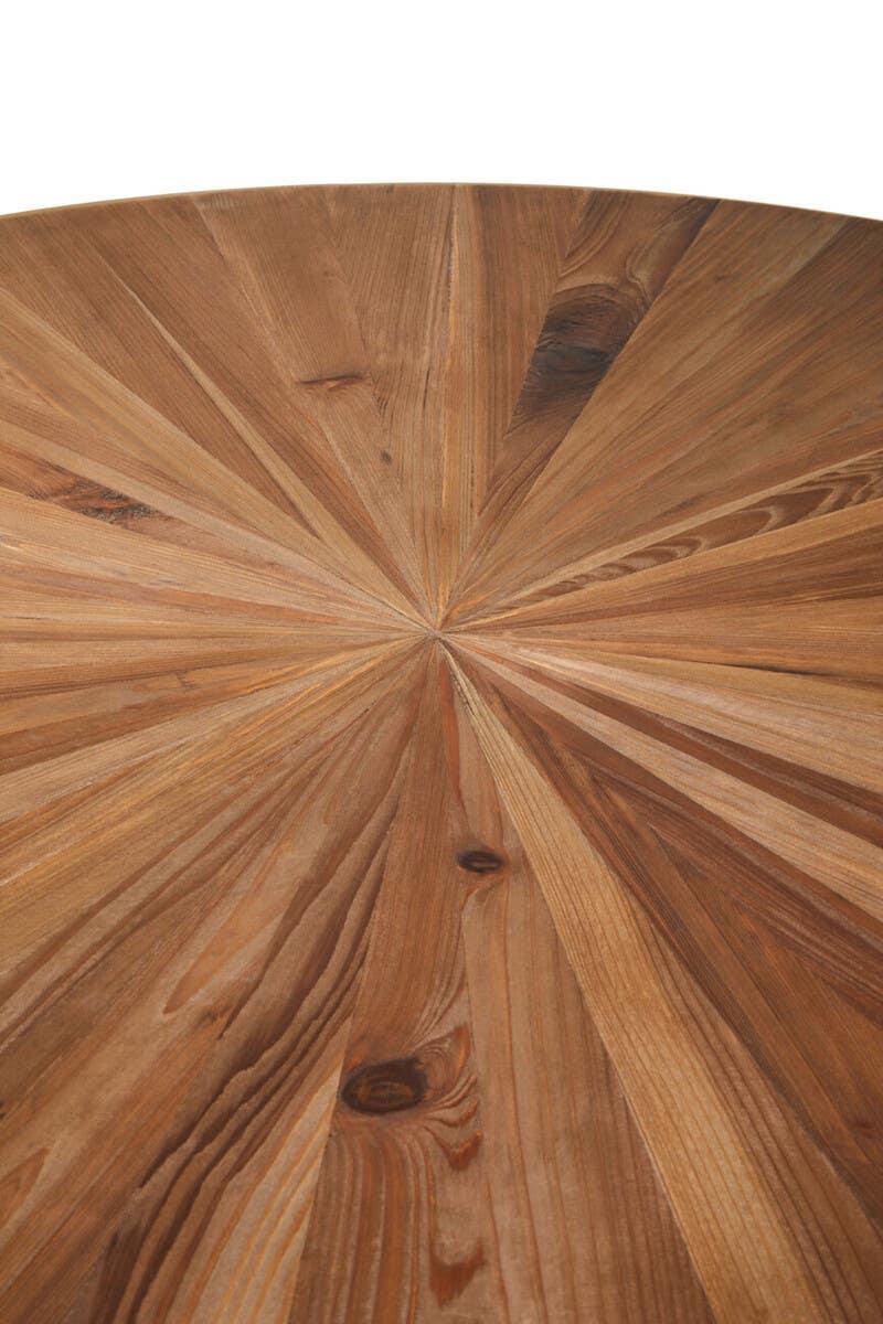Round wooden dining table top with natural wood grain and starburst pattern