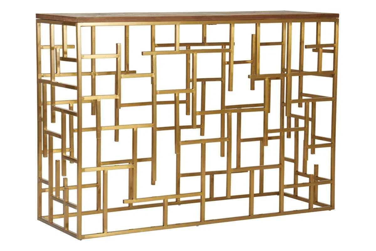 Gold metal console table with geometric open frame and wooden top