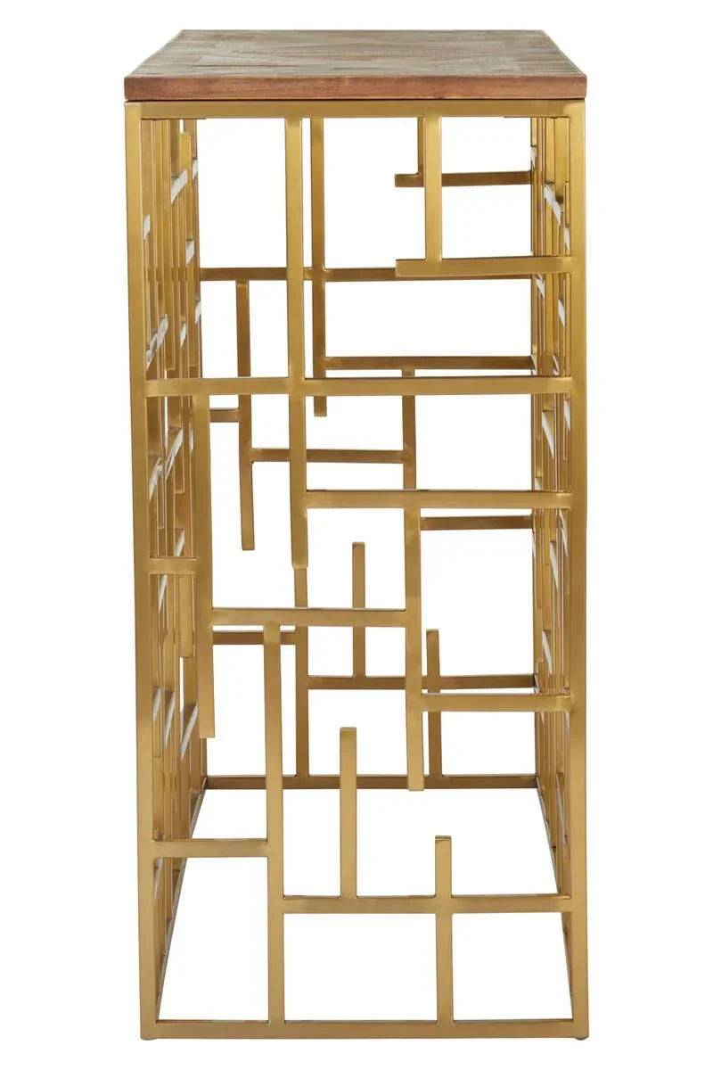 Gold metal side table with geometric open frame and wooden top, side view