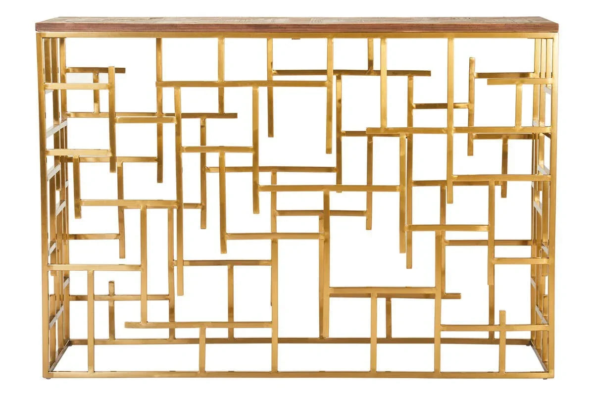 Gold metal console table with geometric frame and wooden top, front view