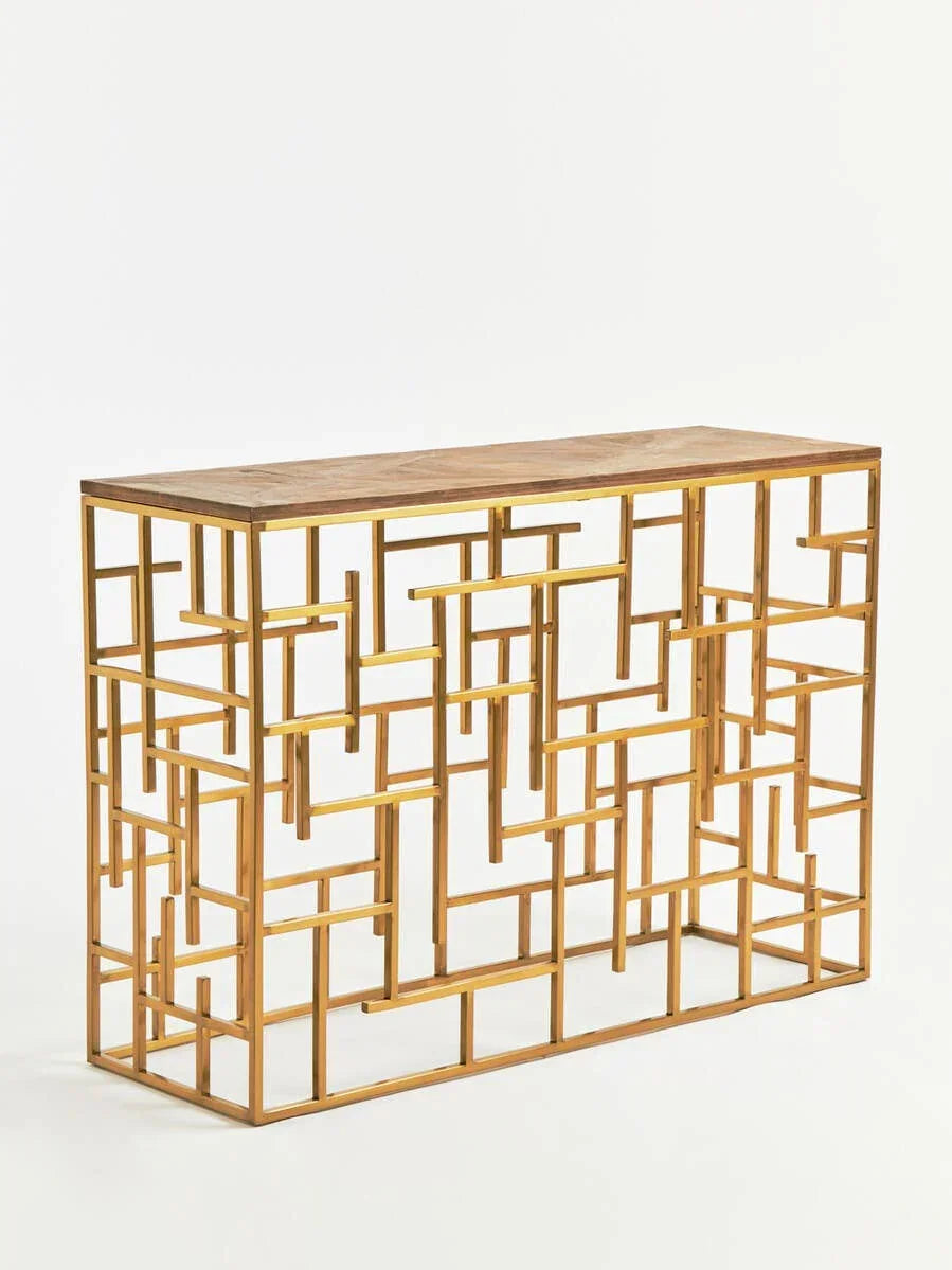 Gold metal console table with geometric frame and wooden top