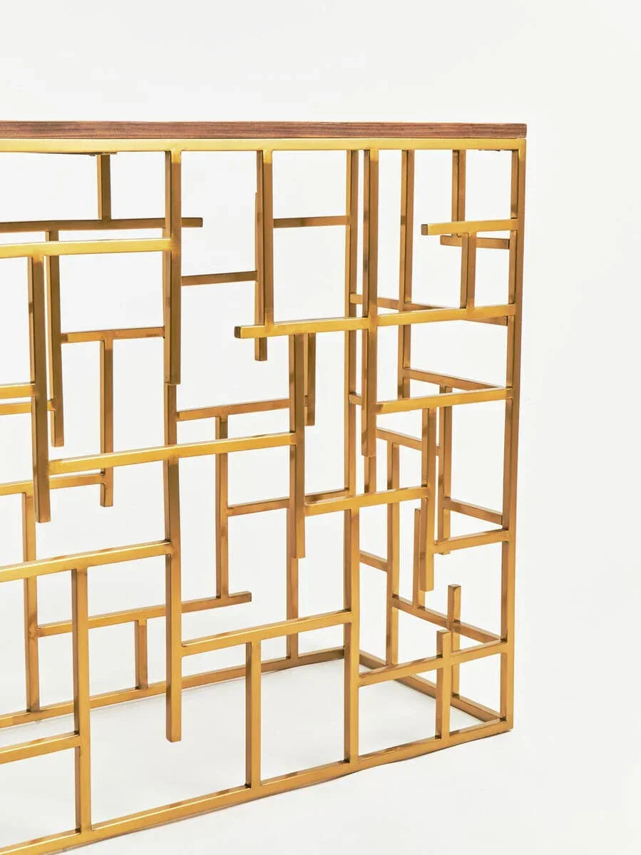 Modern console table with geometric gold metal frame and wood top