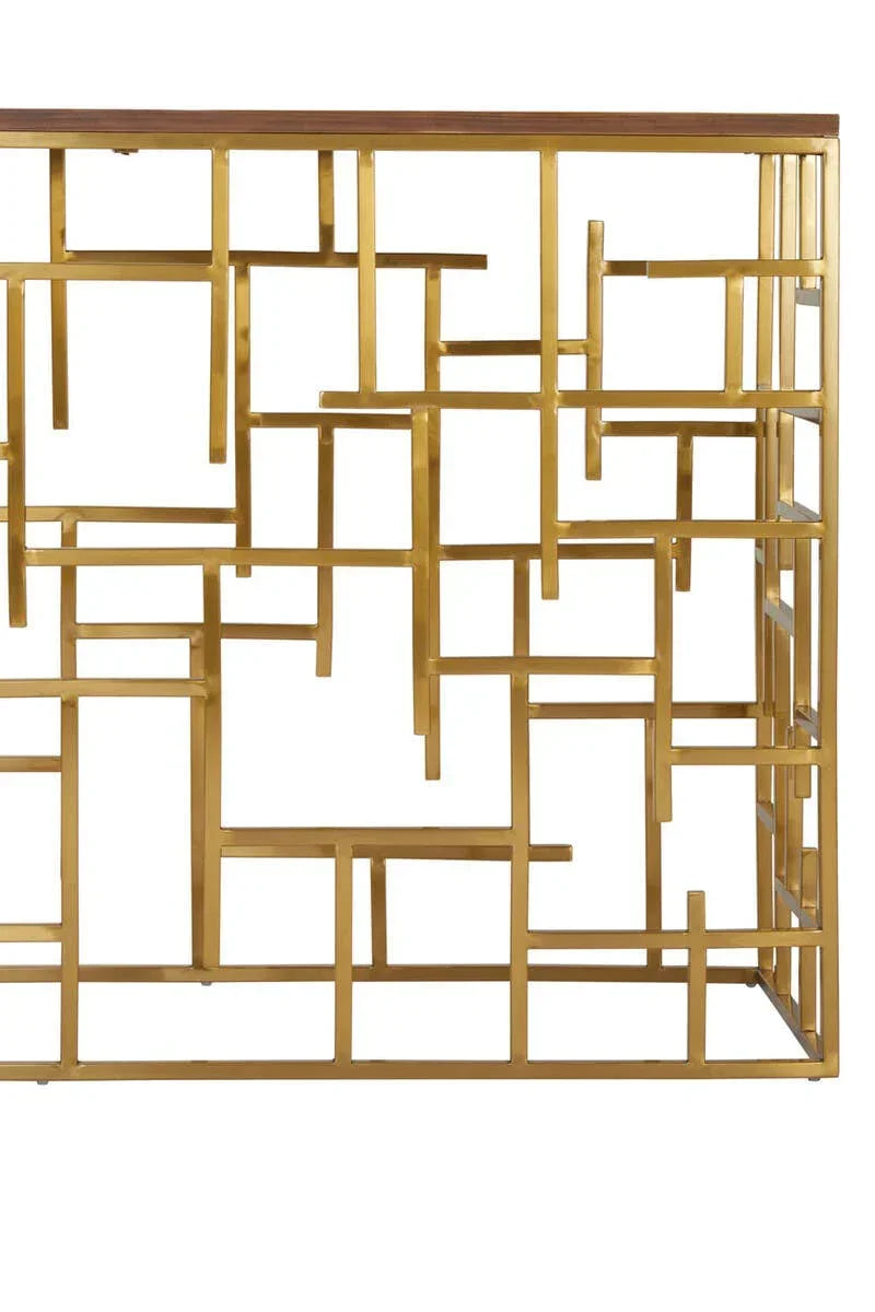 Gold geometric metal console table with rectangular wooden top, front angle view