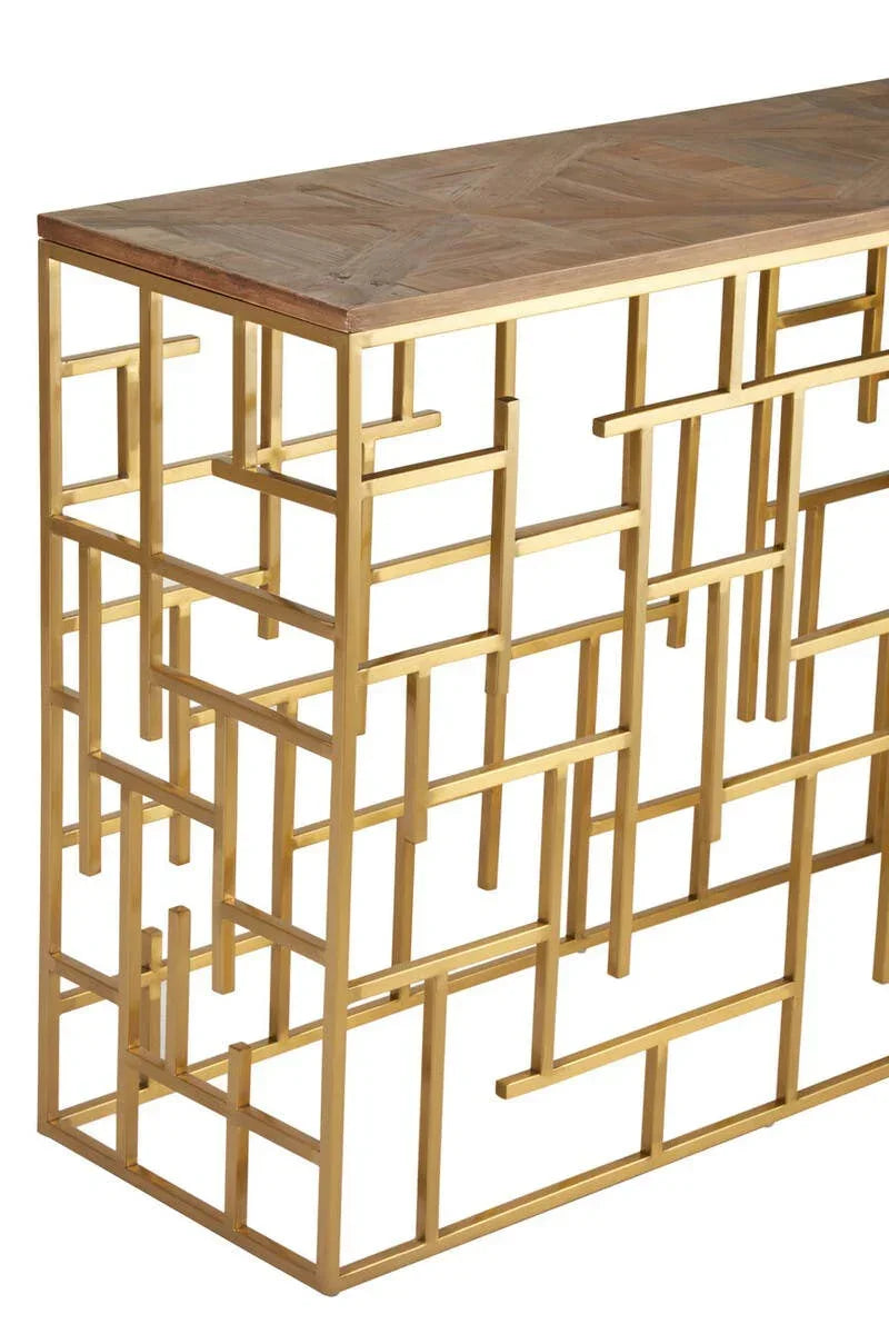 Modern console table with geometric gold metal frame and wood top