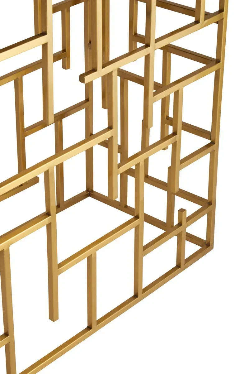 Gold metal console table geometric frame close-up