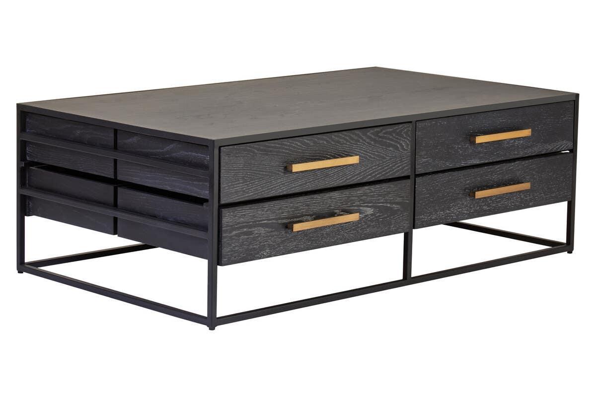 Black wood coffee table with four drawers and gold handles, metal frame, side angle view