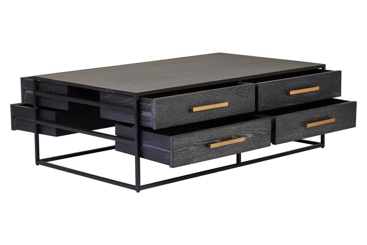 Black wood coffee table with four open drawers and gold handles on metal frame