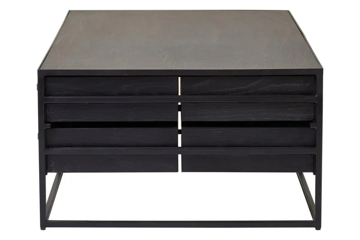 Black wood and metal coffee table with slatted sides, front view