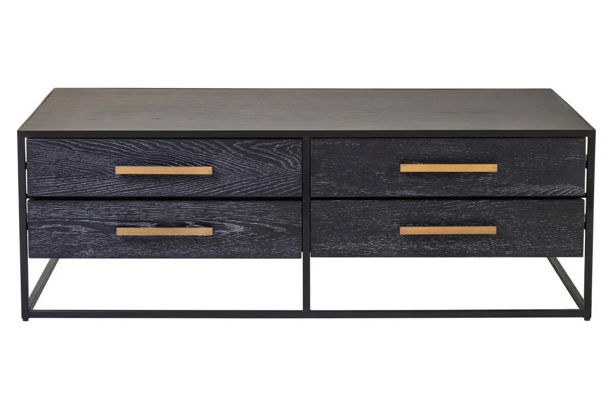 Black wood coffee table with four gold-handle drawers and metal frame, front view
