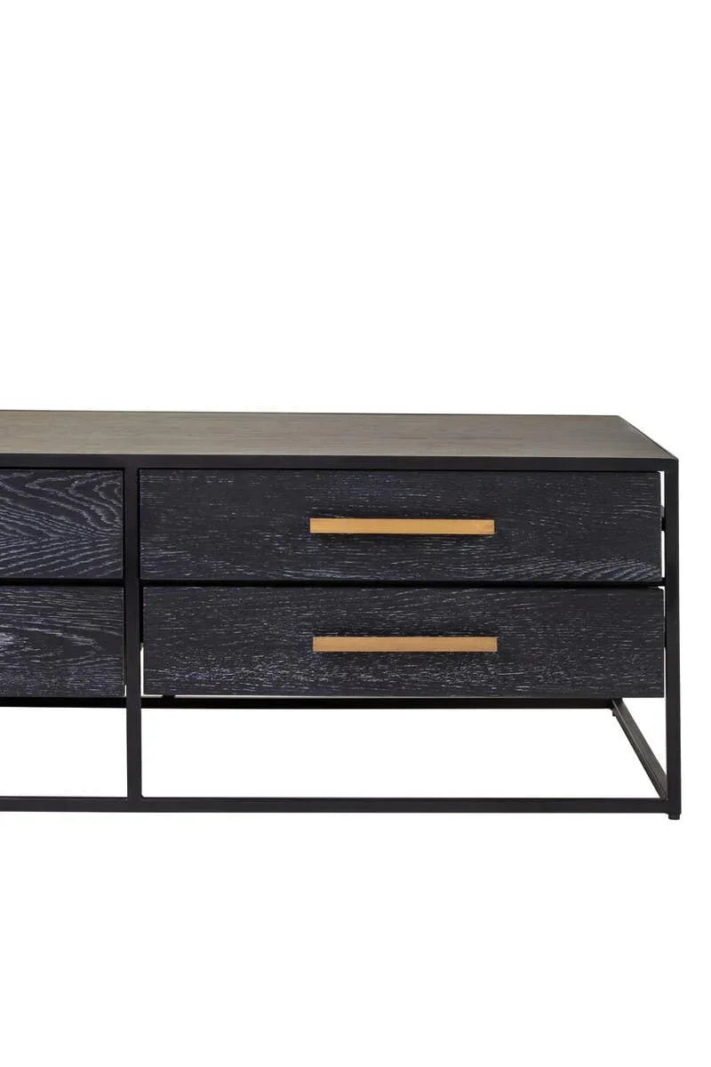 Black wood coffee table with metal frame and two gold bar handles on drawers