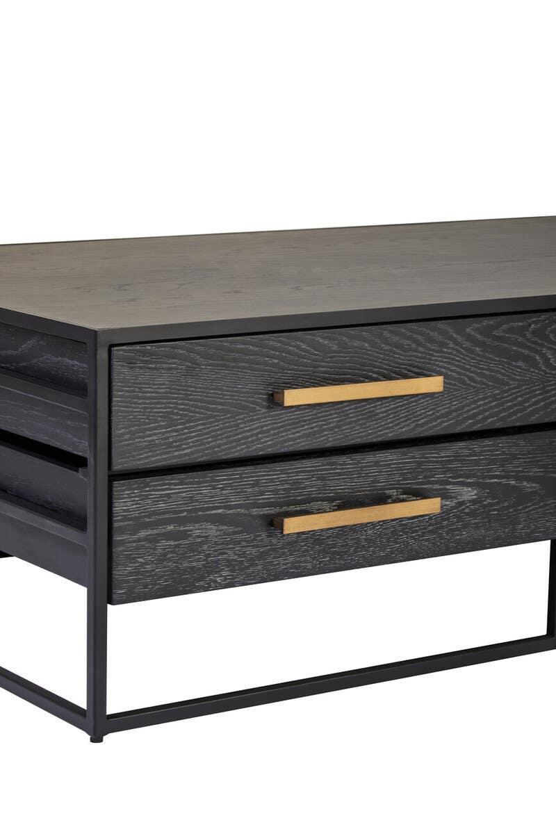 Modern black wood coffee table with metal frame and two drawers, gold handles