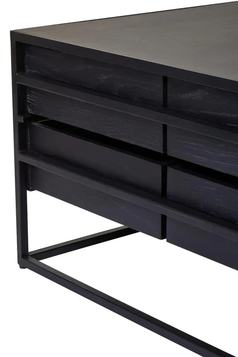 Black wooden coffee table corner with open shelves and metal frame base