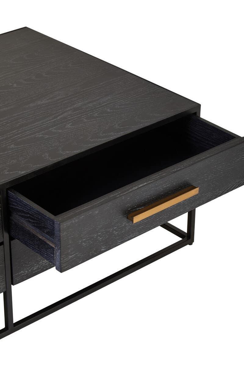 Black wood coffee table with open drawer and gold handle, metal frame base