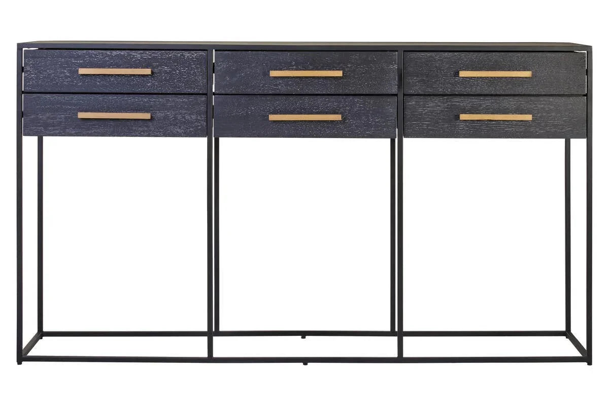 Black console table with six drawers and gold handles, slim metal frame, front view