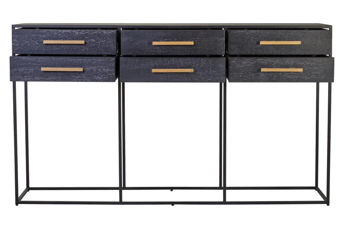Black console table with six drawers and gold handles on slim metal frame