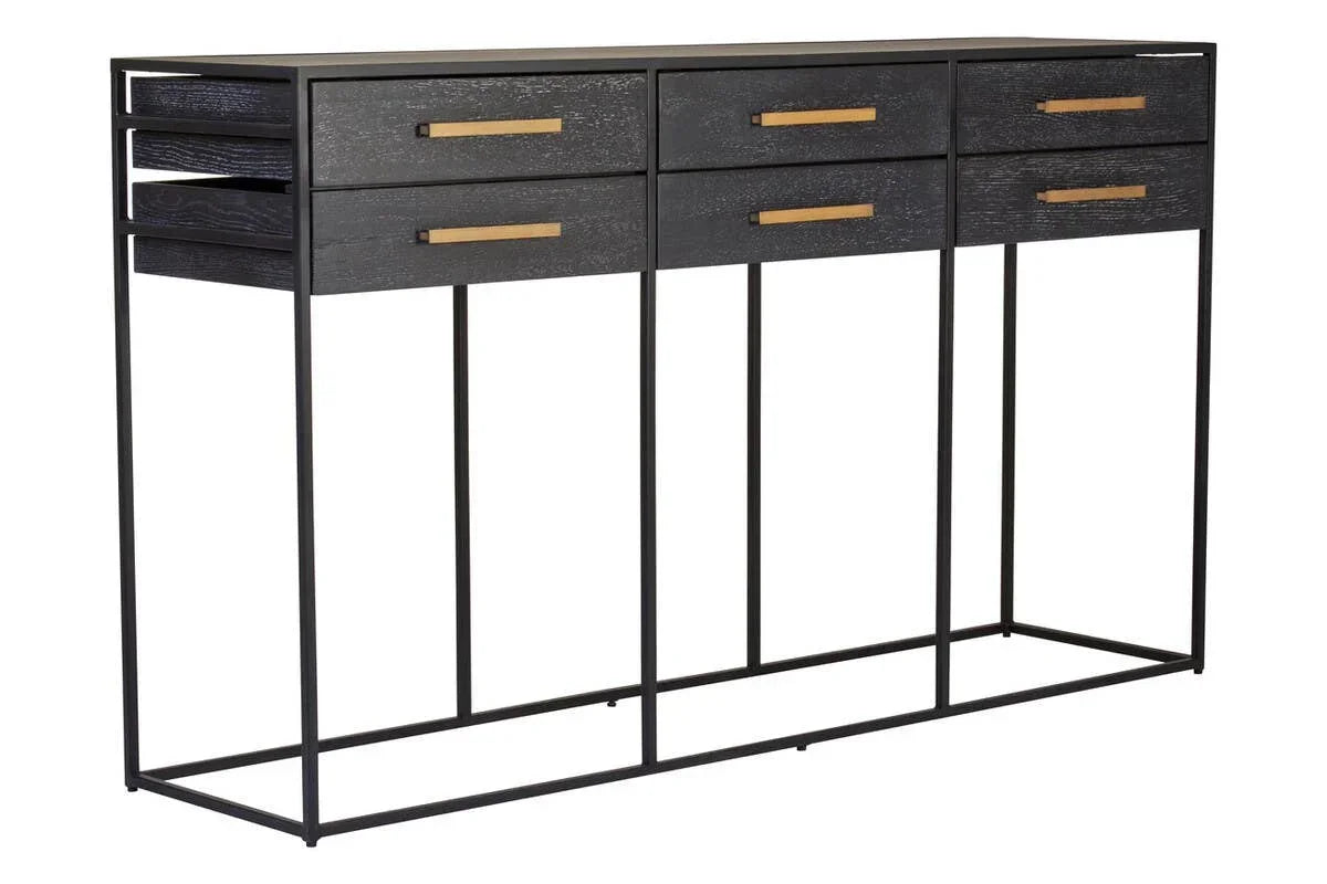 Black console table with gold handles, slim metal frame and four drawers