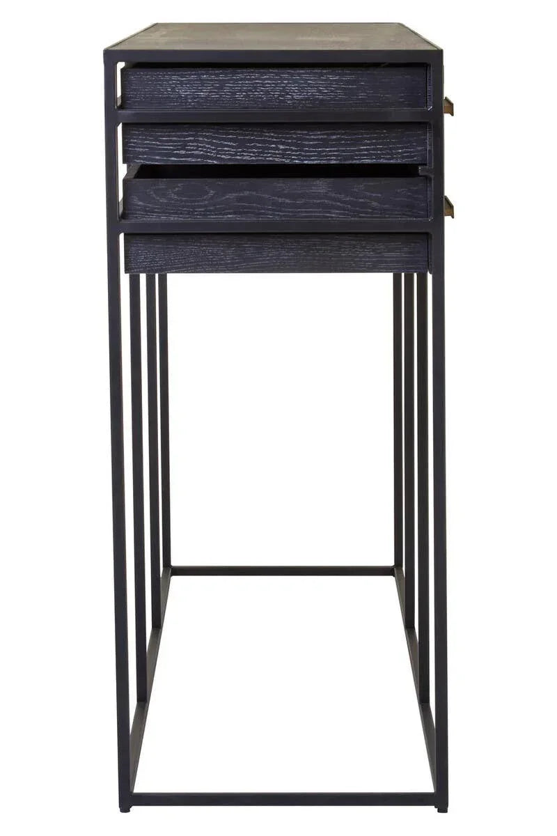 Black wood and metal nesting tables set with textured finish, shown from side view