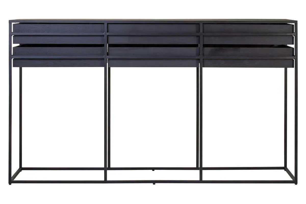 Black console table with three drawers and metal frame, modern minimalist design, front view