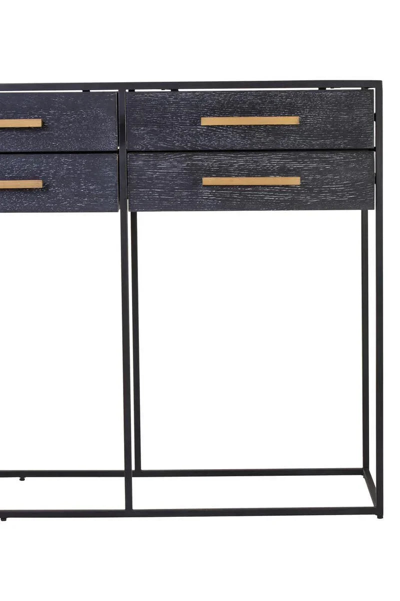 Black wooden console table with gold handles and metal frame, front view