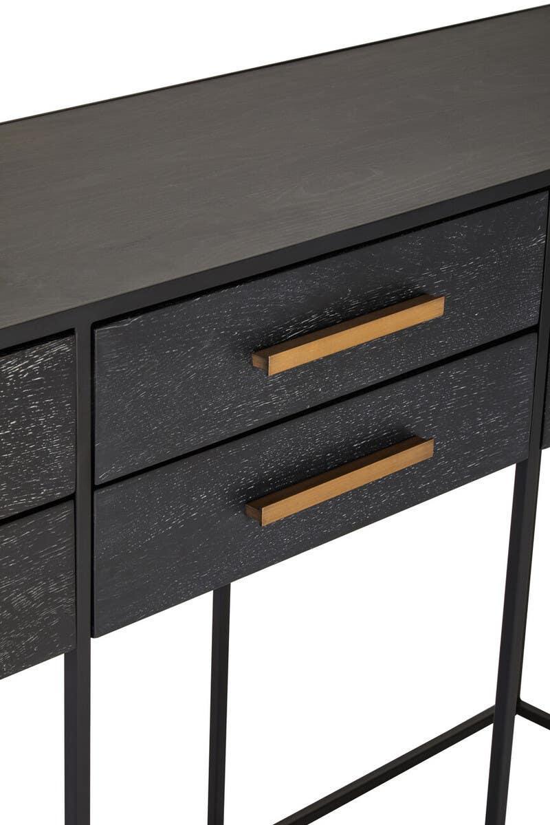 Black console table with wooden handles and slim metal legs, close-up on drawers