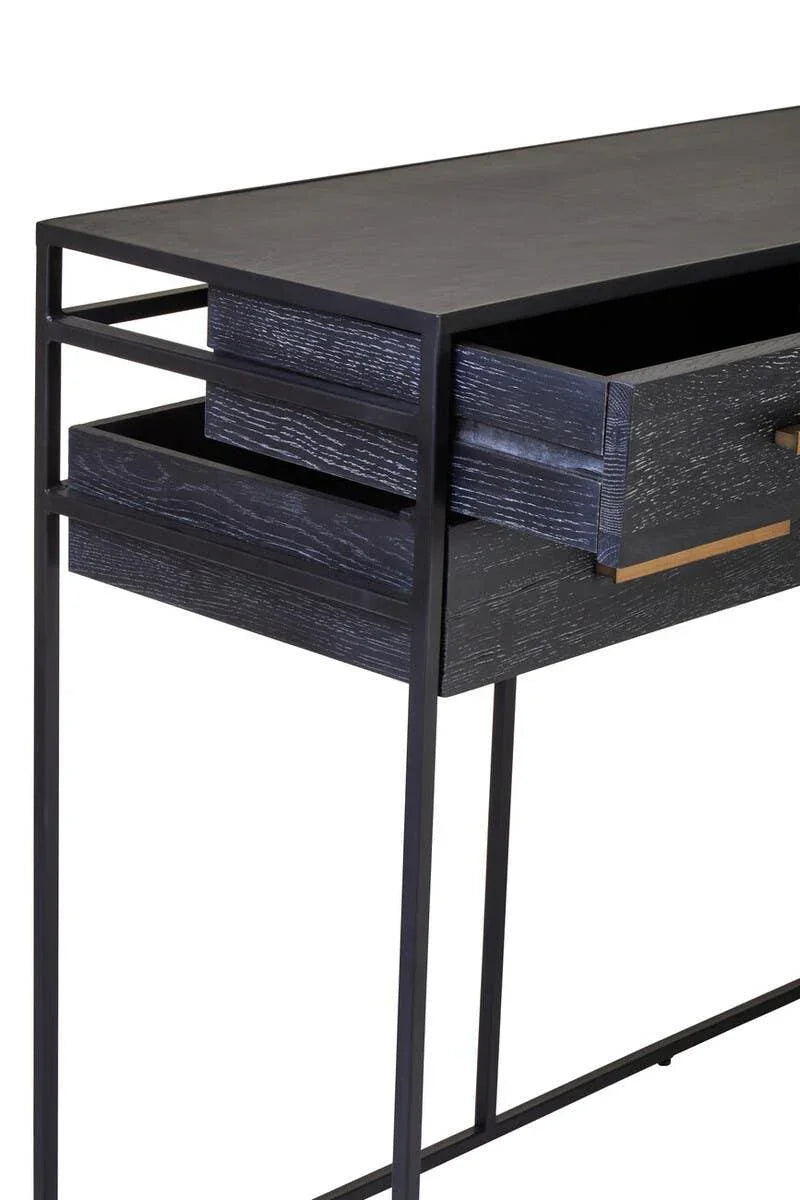 Black wood console table with open drawers and slim metal frame, close side view