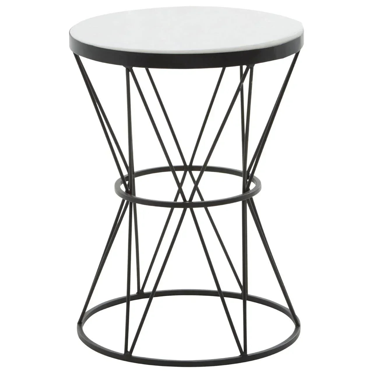 Round side table with white top and black metal geometric base