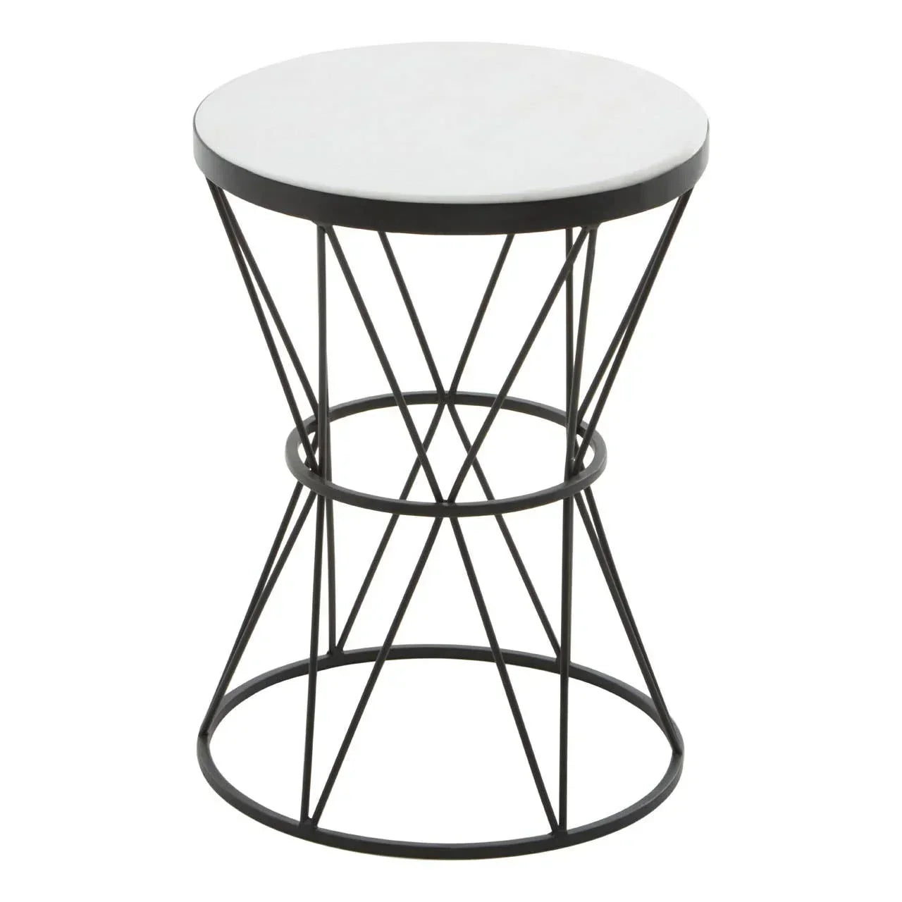 Round marble top side table with black metal wire base, modern accent furniture